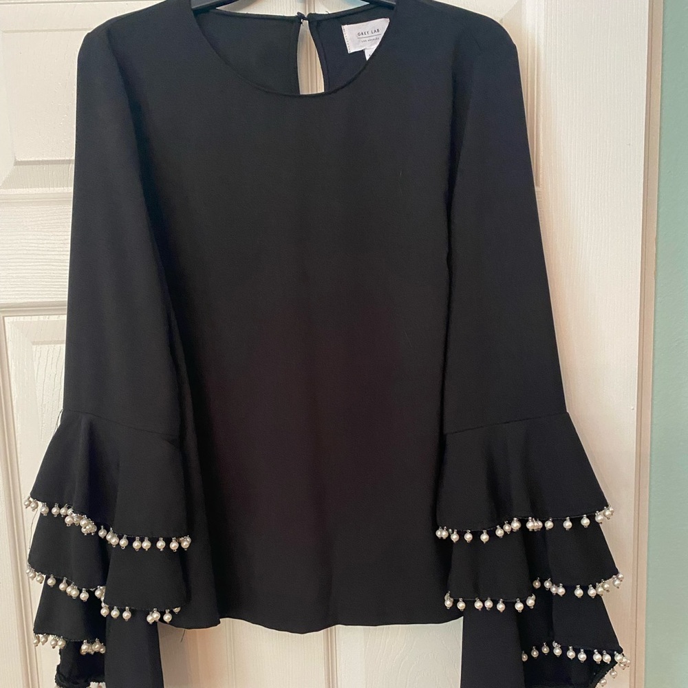 Grey Lab Los Angeles black pearl beads fringe Top